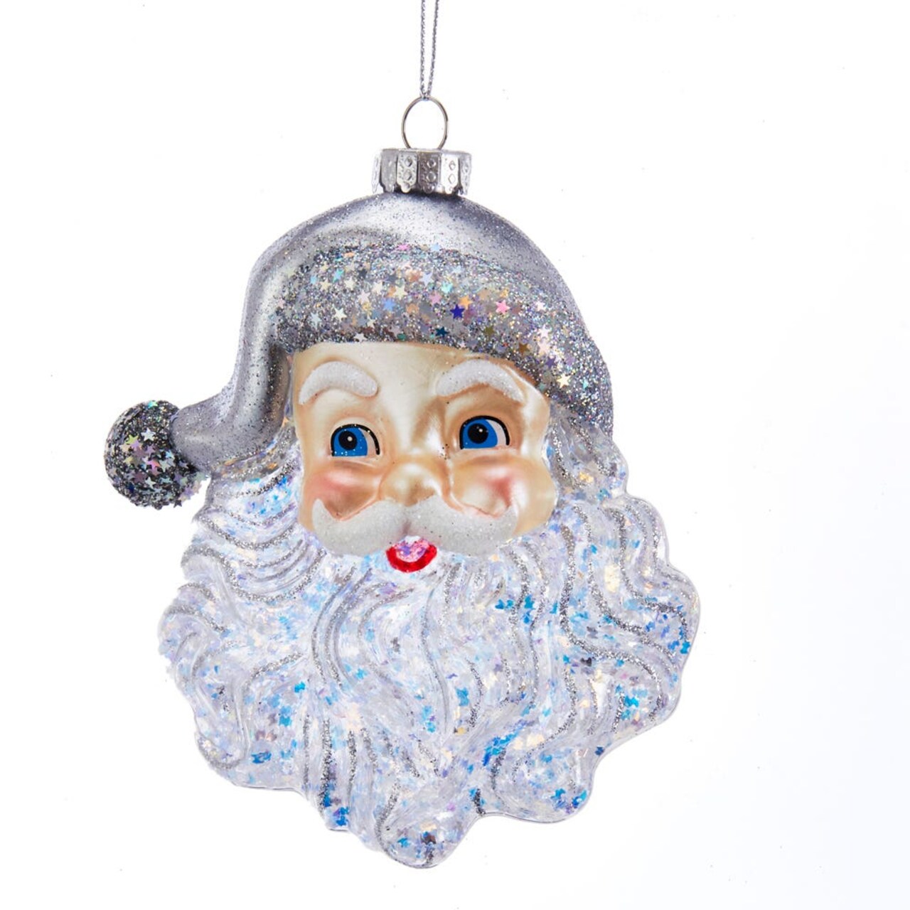 5" Glass Santa Face with Silver Glitter Ornament - Elegant Christmas Tree Decoration